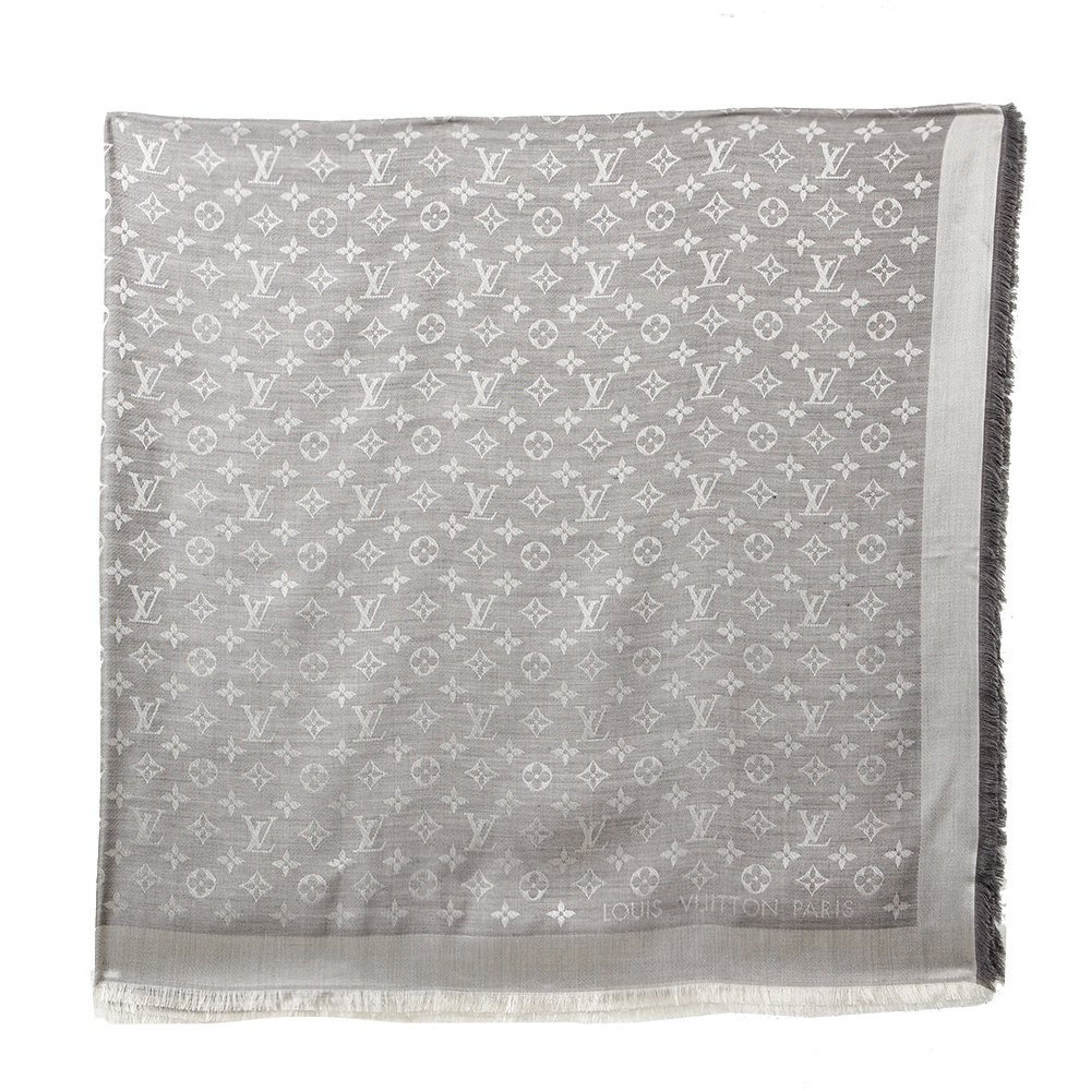 Louis Vuitton Pearl Grey Silk and Wool Blend Monogram Denim Shawl