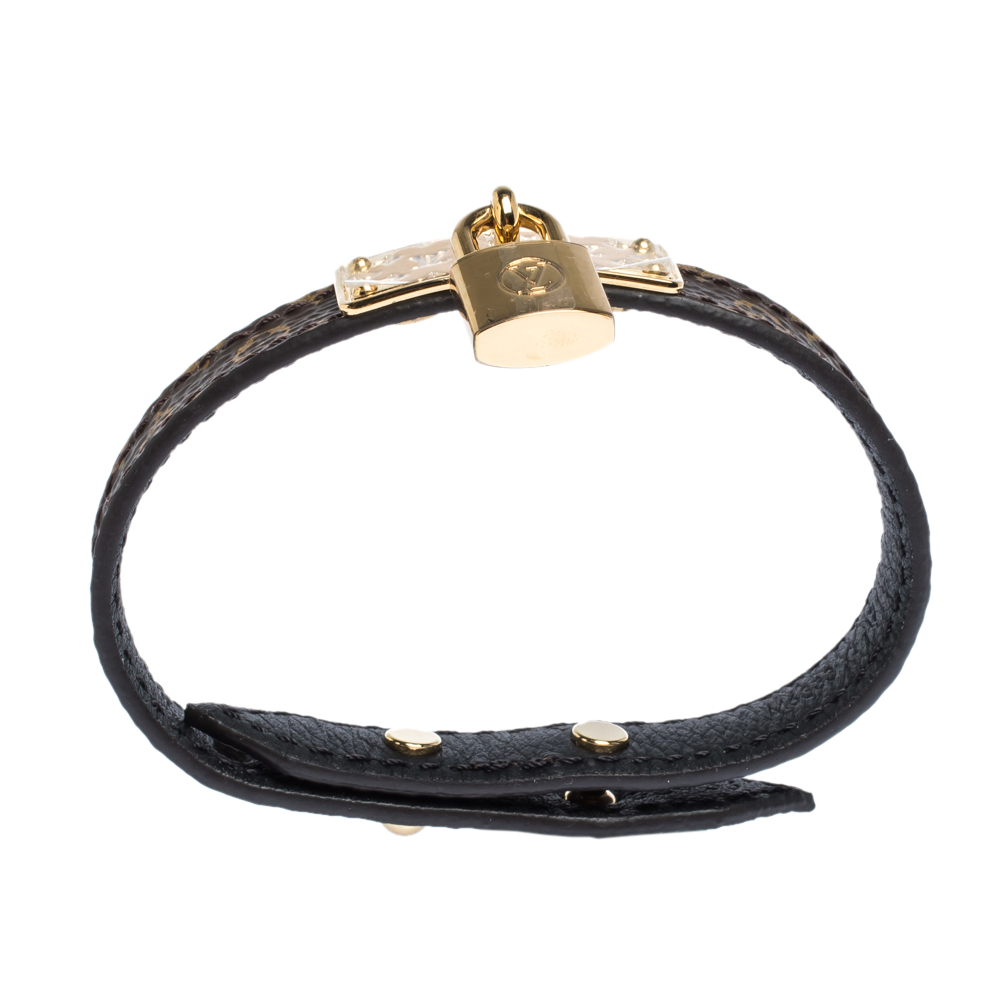 Louis Vuitton Monogram Leather Padlock Charm Bracelet Size 17