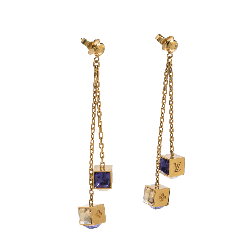 

Louis Vuitton Gamble Crystal Gold Tone Long Drop Earrings