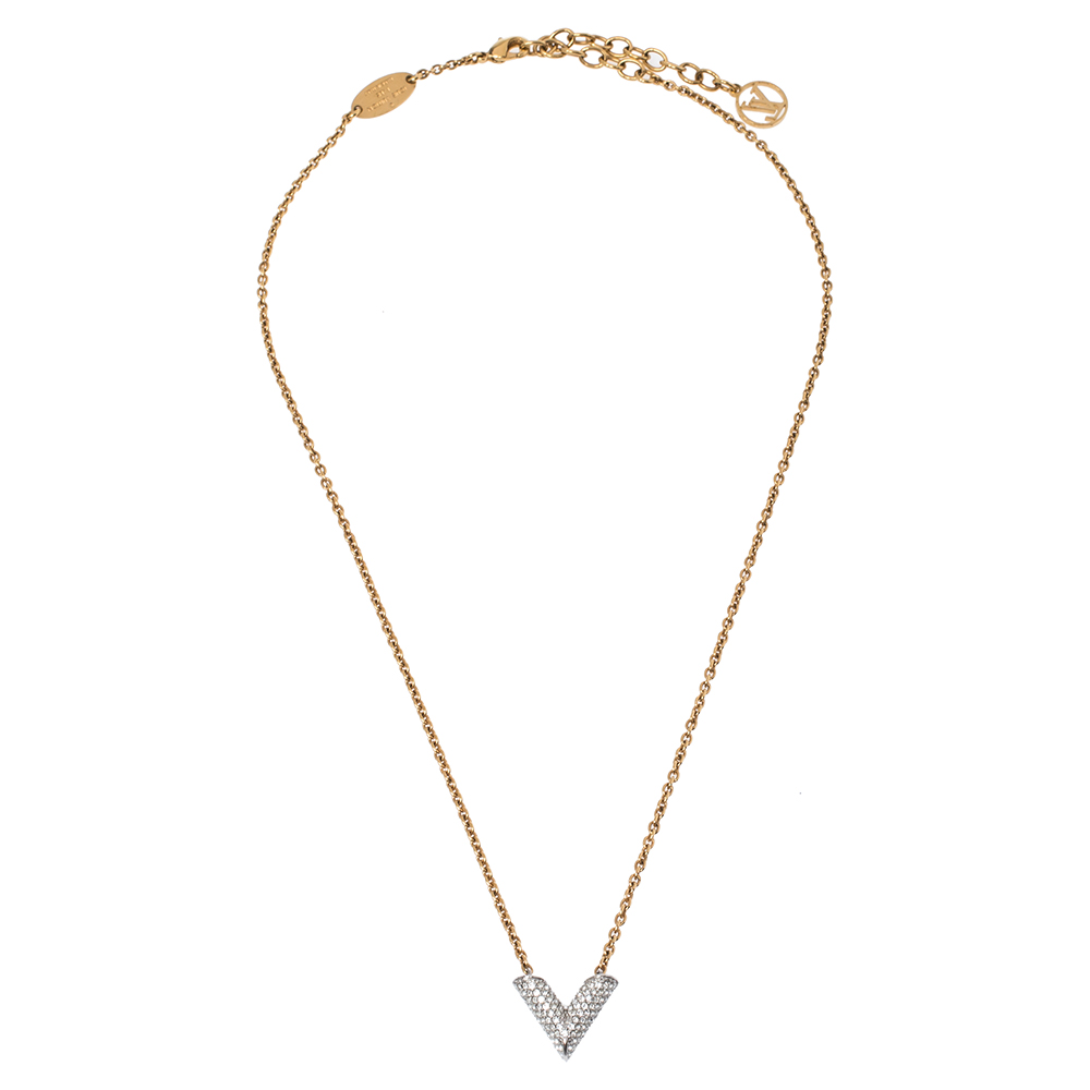 

Louis Vuitton Two Tone Crystal Essential V Pendant Necklace, Gold