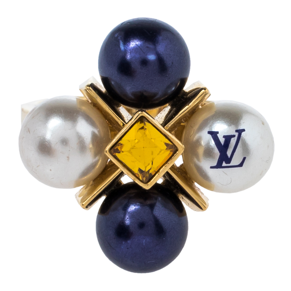 

Louis Vuitton Cry Me A River Crystal Faux Pearl Gold Tone Cocktail Ring