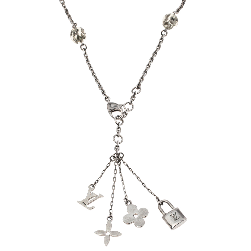 

Louis Vuitton Vintage Bead Inclusion Resin Silver Tone Station Necklace, Multicolor