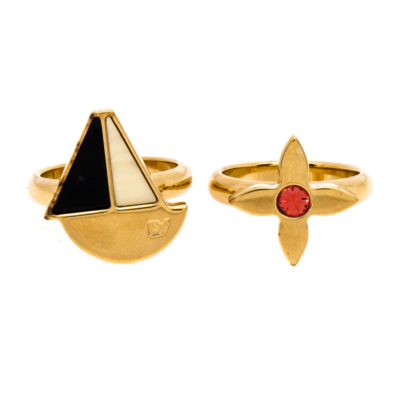 

Louis Vuitton Float Your Boat and Clover Enamel Crystal Gold Tone Set of Two Rings Size, Multicolor