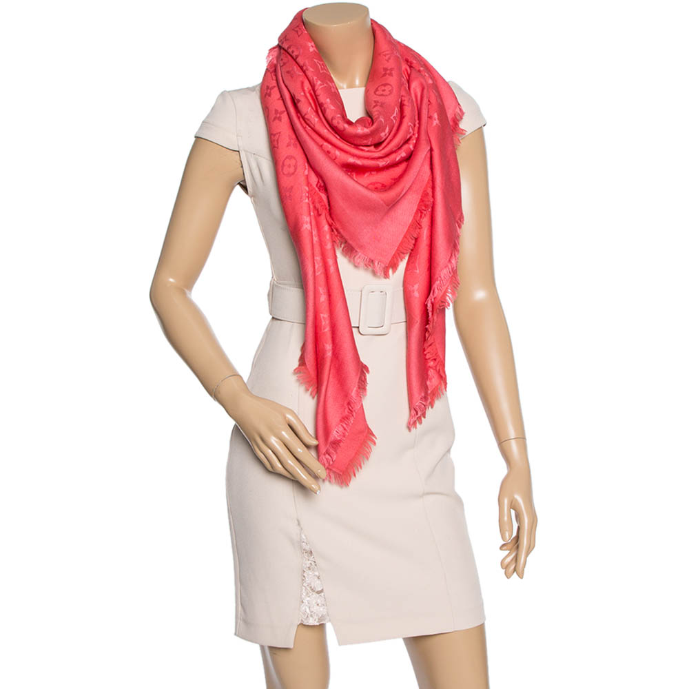 

Louis Vuitton Coral Pink Silk Wool Monogram Denim Shawl