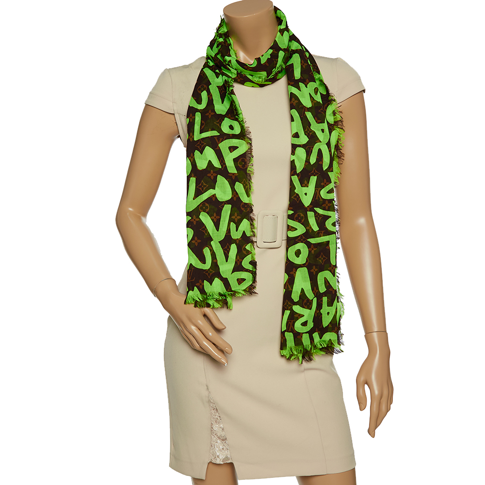 

Louis Vuitton Brown & Green Monogram Graffiti Cotton Scarf