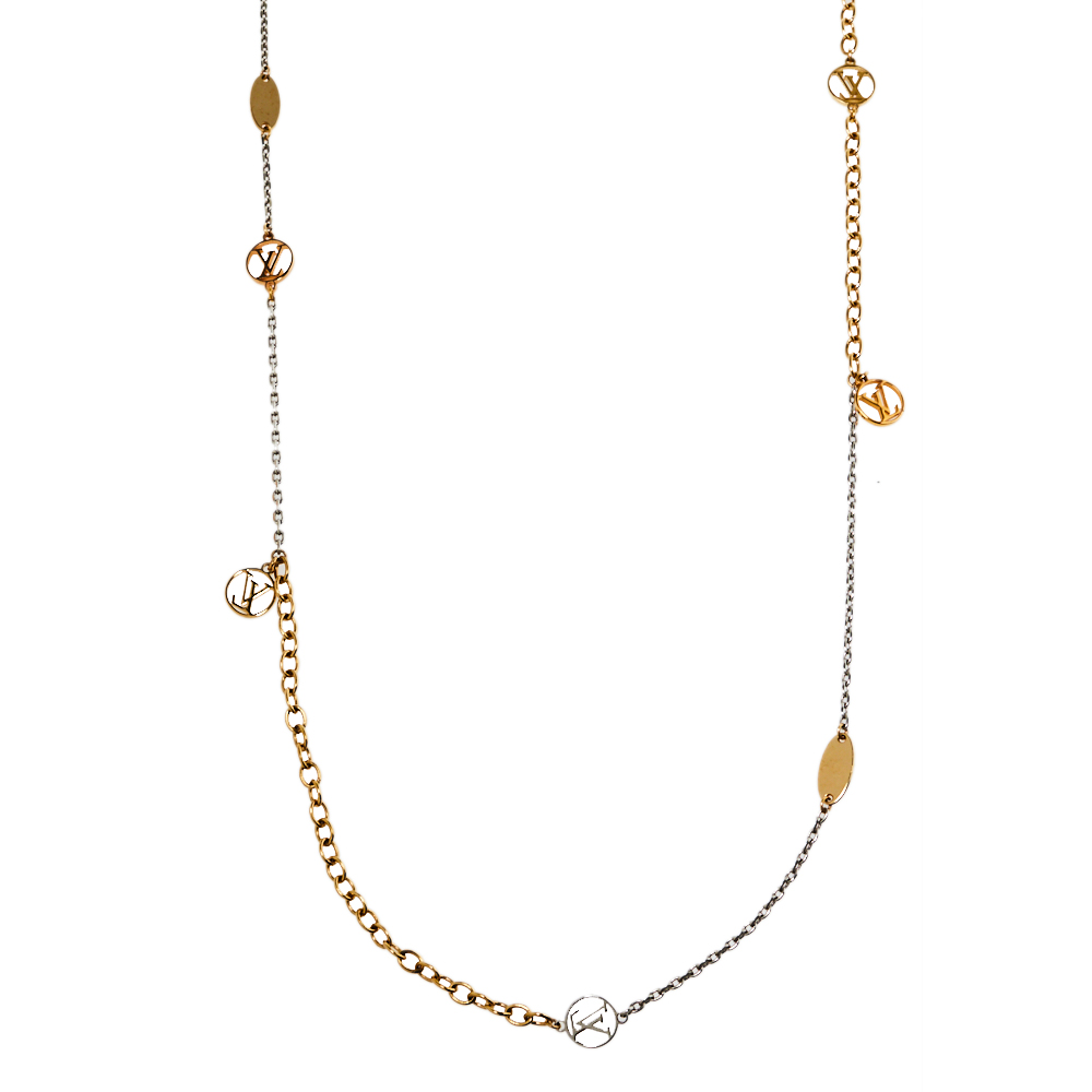 

Louis Vuitton Two Tone Metal Logomania Sautoir Necklace, Gold