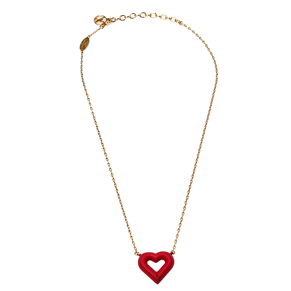 

Louis Vuitton LV & V Red Heart Charm Gold Tone Necklace