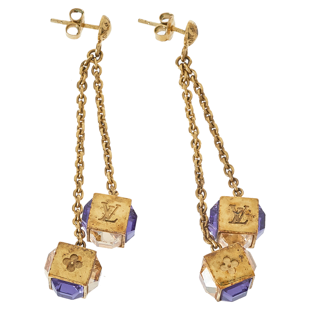 

Louis Vuitton Gamble Crystal Gold Tone Dangle Earrings