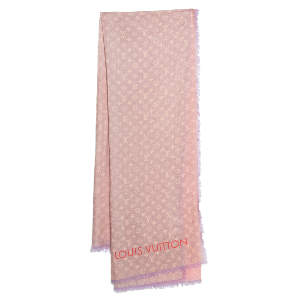 Pre-owned Louis Vuitton Gris Perle Wool Telling Monogram Stole In Pink