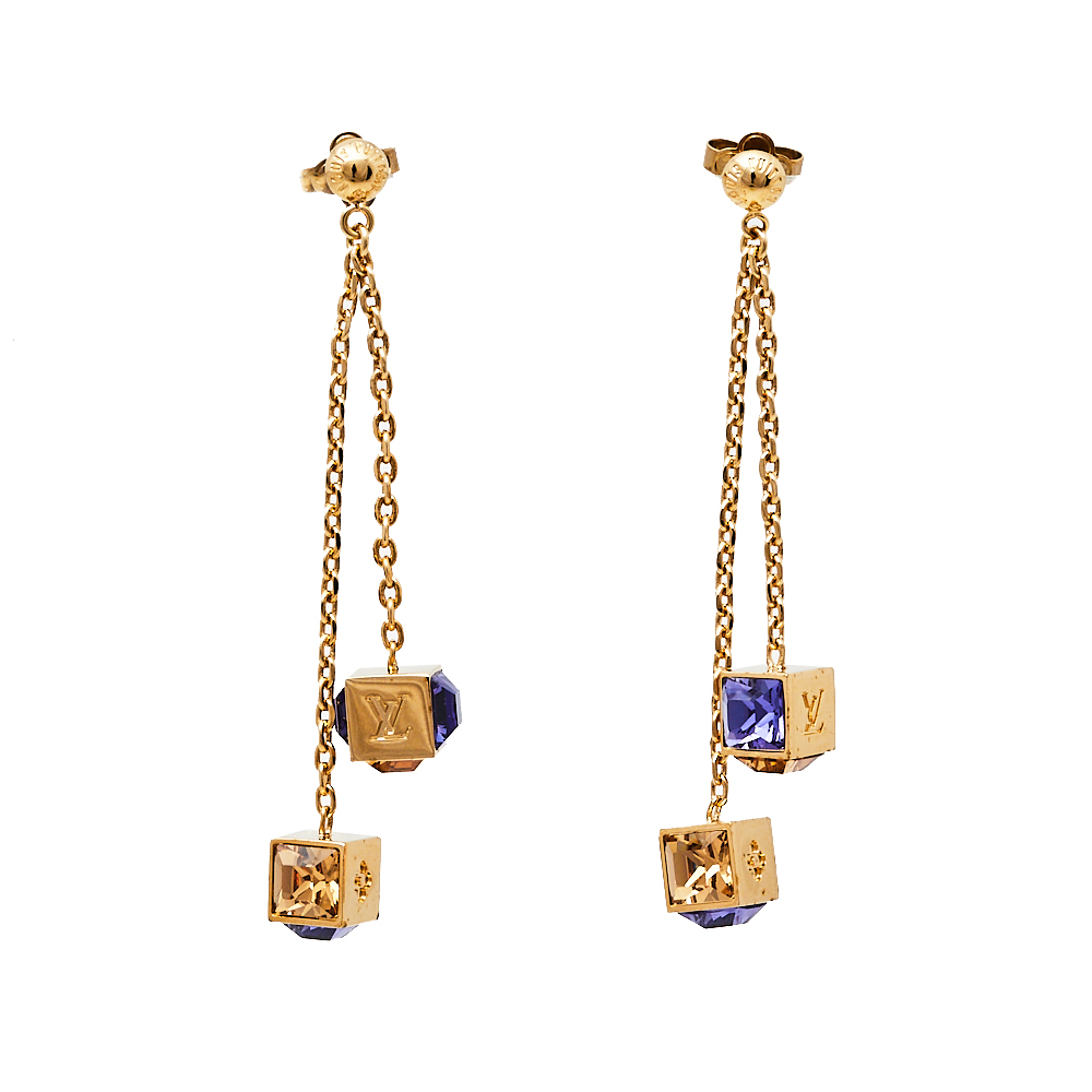 Pre-owned Louis Vuitton Gamble Crystal Gold Tone Dangle Earrings In Purple