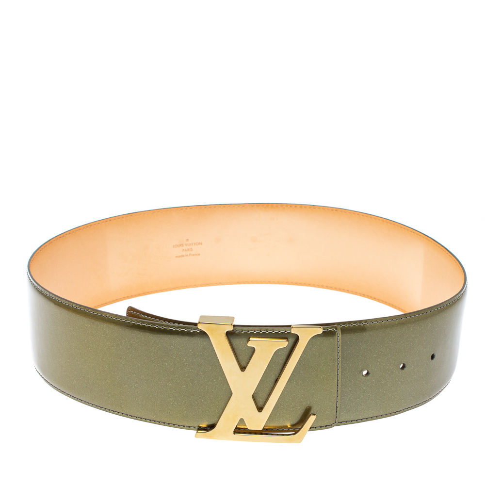 Pre-owned Louis Vuitton Green Vernis Leather Lv Initiales Wide Belt 75 Cm