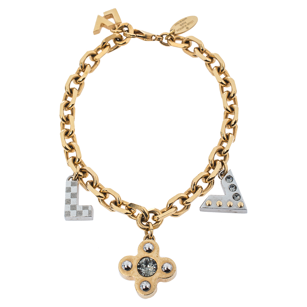 Pre-owned Louis Vuitton Two Tone Love Letter Timeless Charm Bracelet In Gold