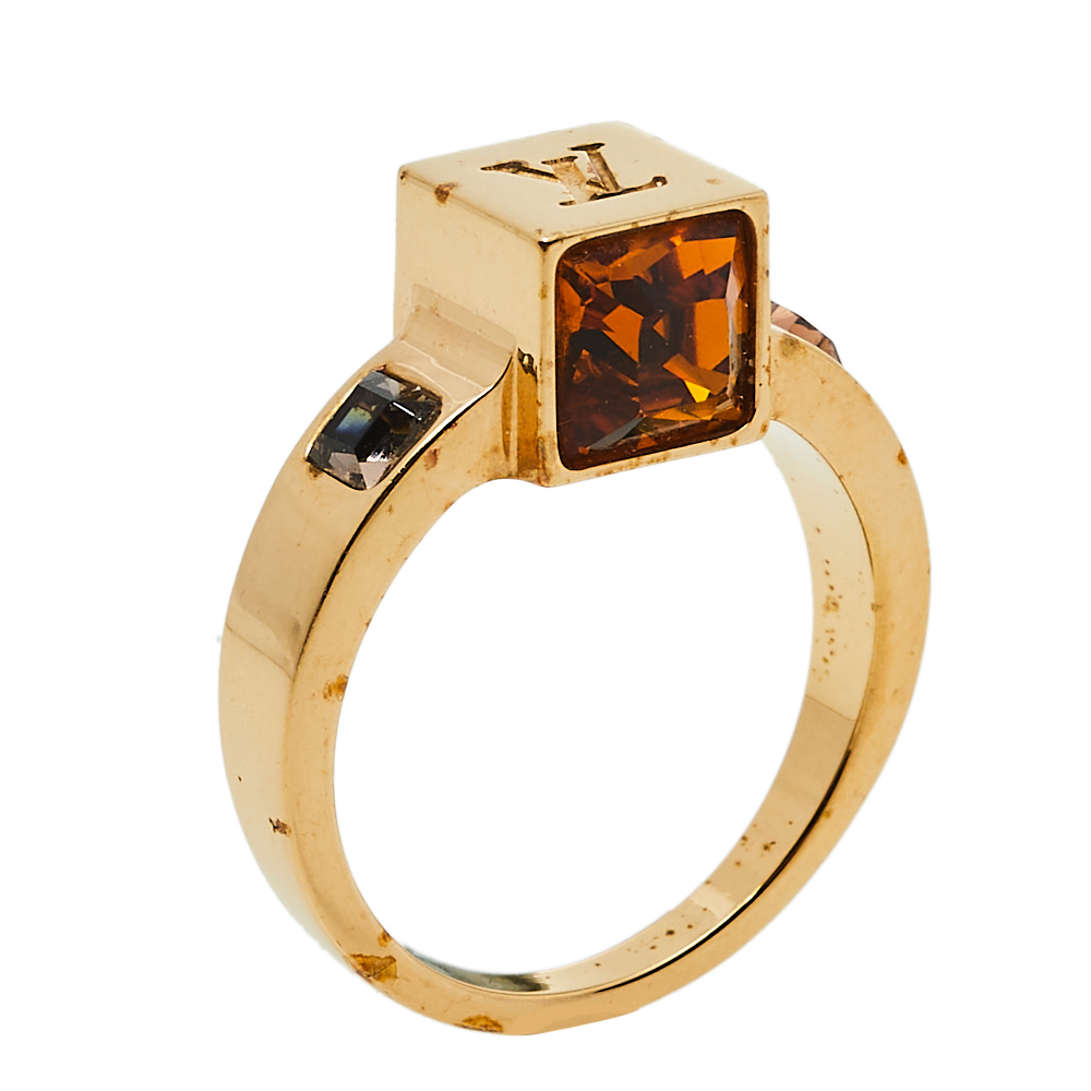 Pre-owned Louis Vuitton Gold Tone Crystal Gamble Ring Size M