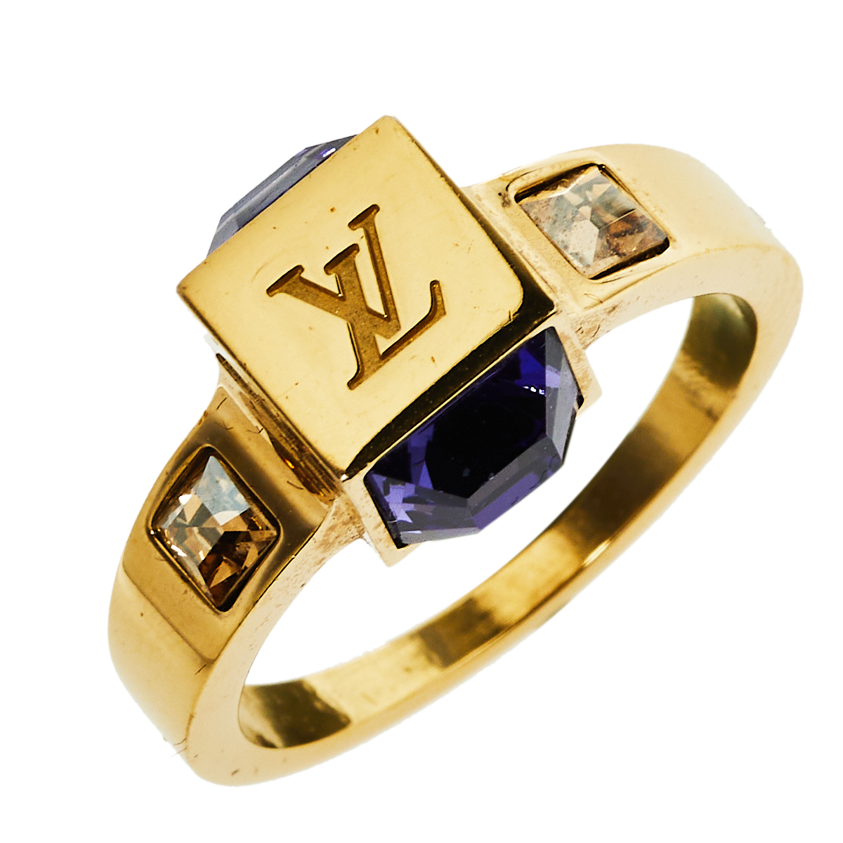 Louis Vuitton Gamble Crystal Gold Tone Ring Size L