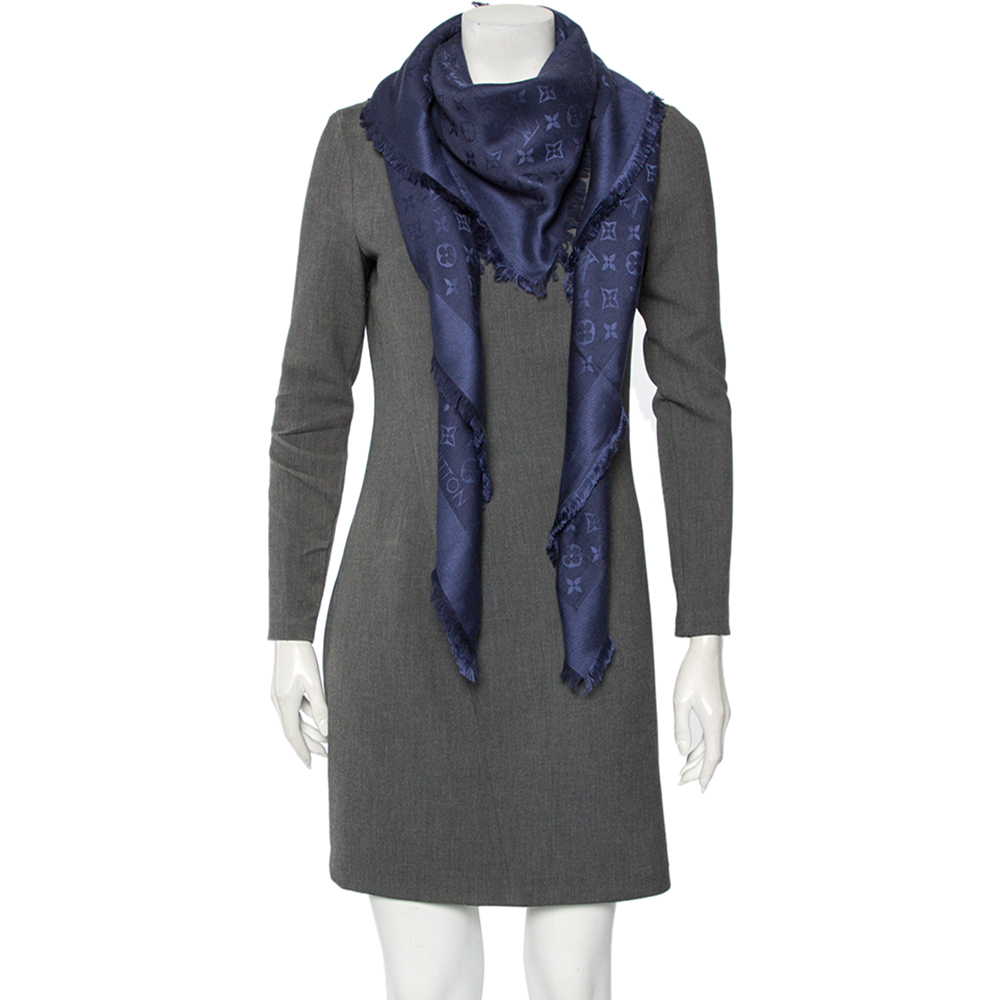 

Louis Vuitton Navy Blue Logo Monogram Silk & Woof Square Shawl