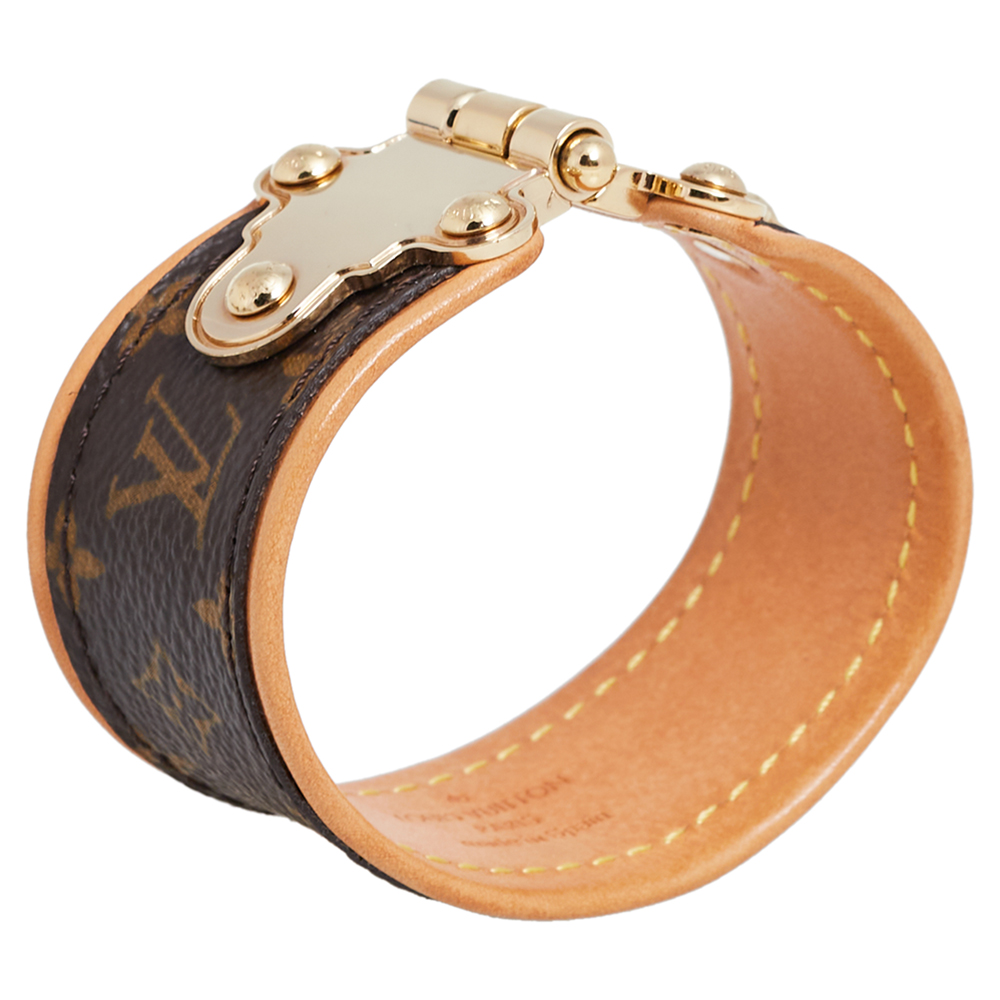 

Louis Vuitton Save It Brown Monogram Canvas Gold Tone Wide Cuff Bracelet 19