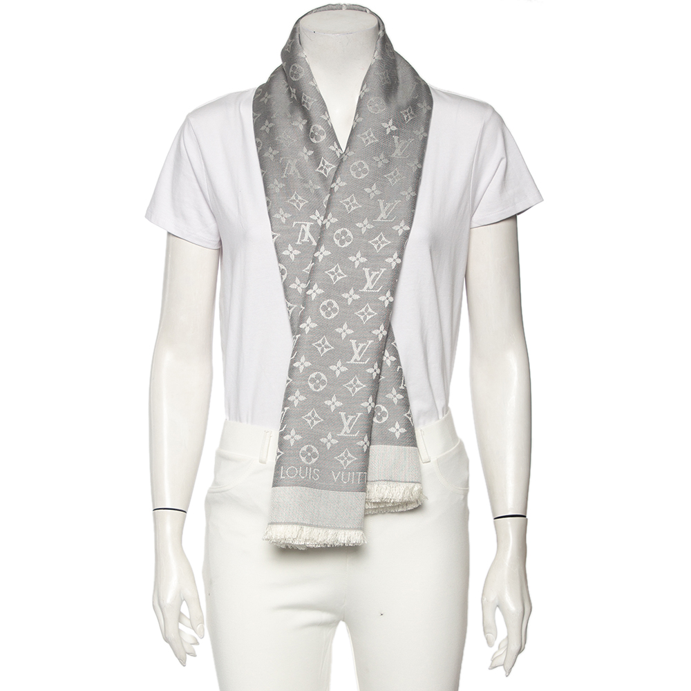 

Louis Vuitton Pearl Grey Monogram Silk & Wool Denim Shawl