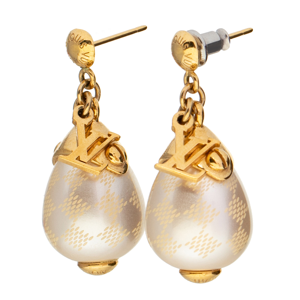 

Louis Vuitton Gold Tone Damier Perle Drop Earrings