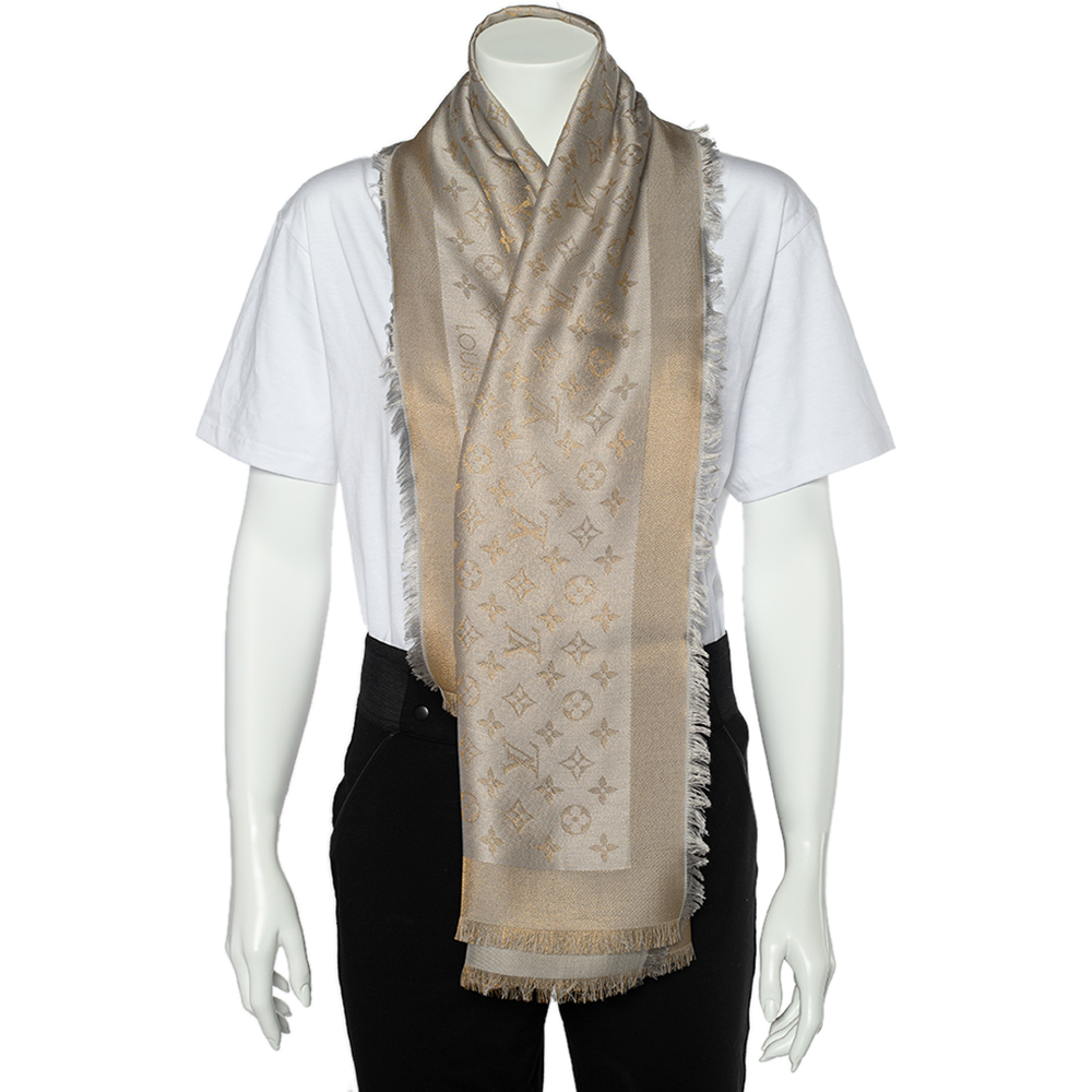 

Louis Vuitton Greige Monogram Silk & Wool Shine Shawl, Grey