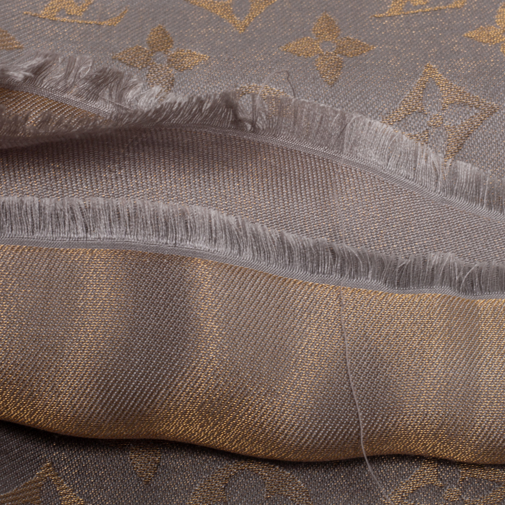 LOUIS VUITTON Silk Wool Monogram Shawl Greige 229750