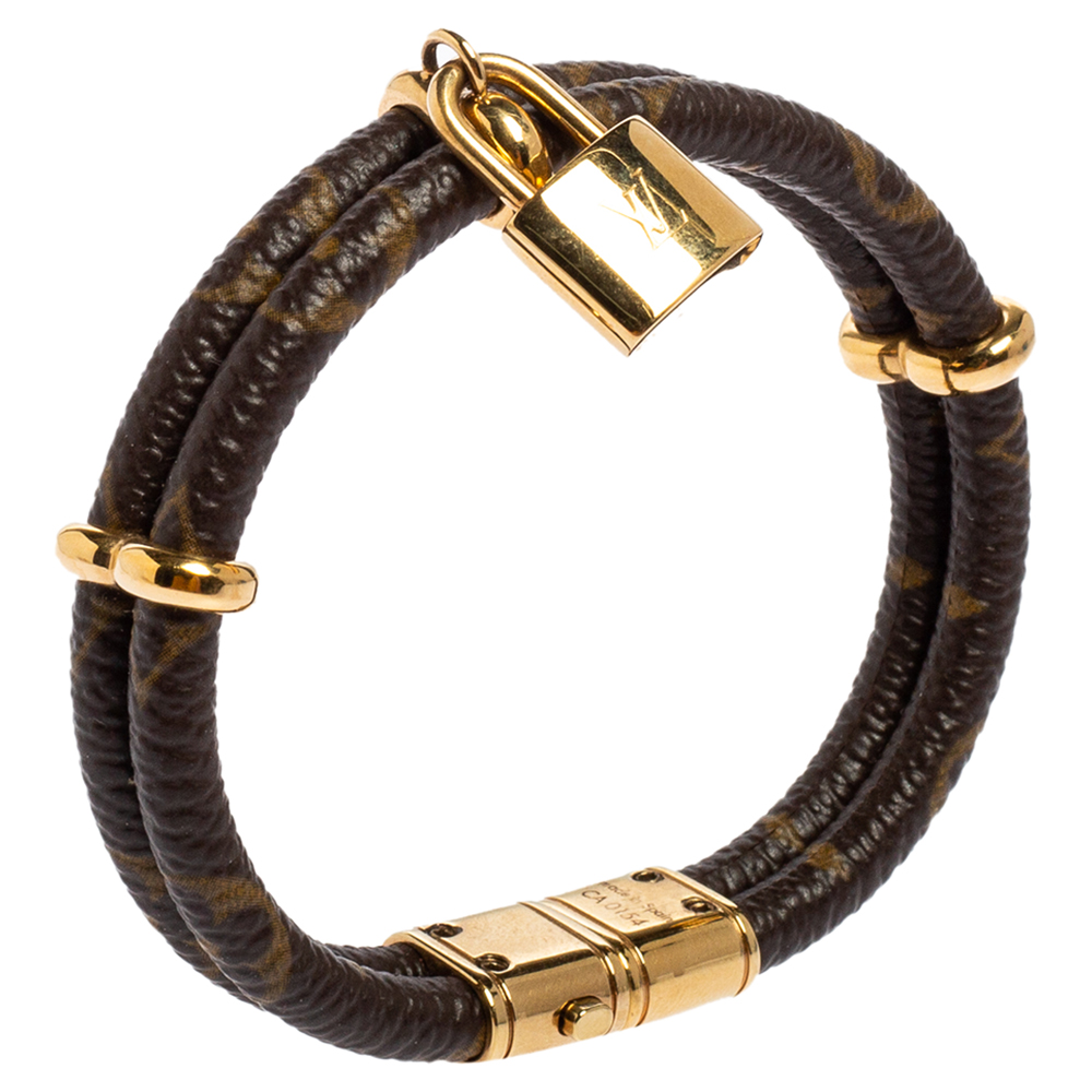 

Louis Vuitton Brown Monogram Leather Gold Tone Lock Charm Keep it Twice Bracelet