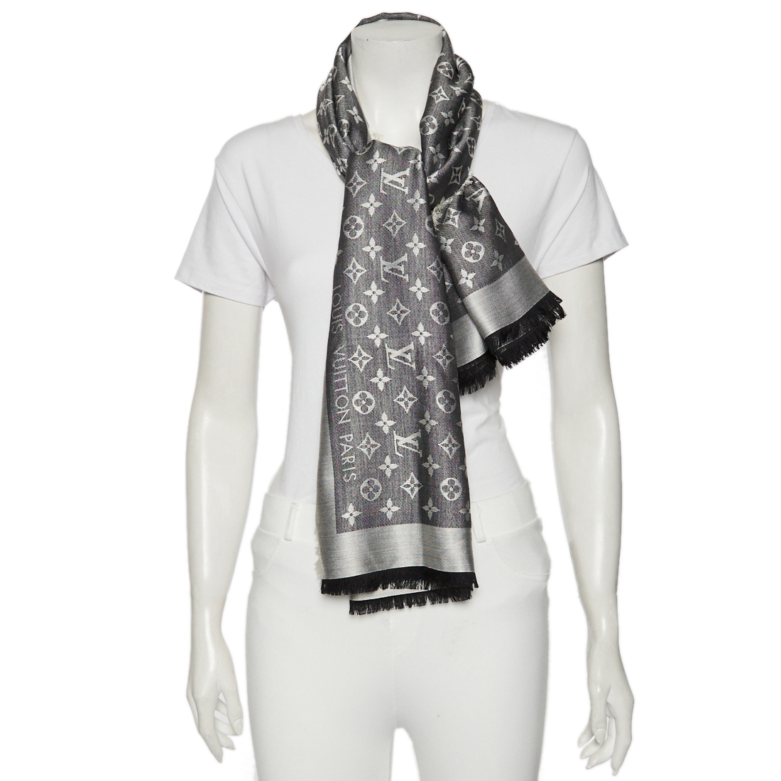

Louis Vuitton Black Monogram Silk Wool Denim Shawl