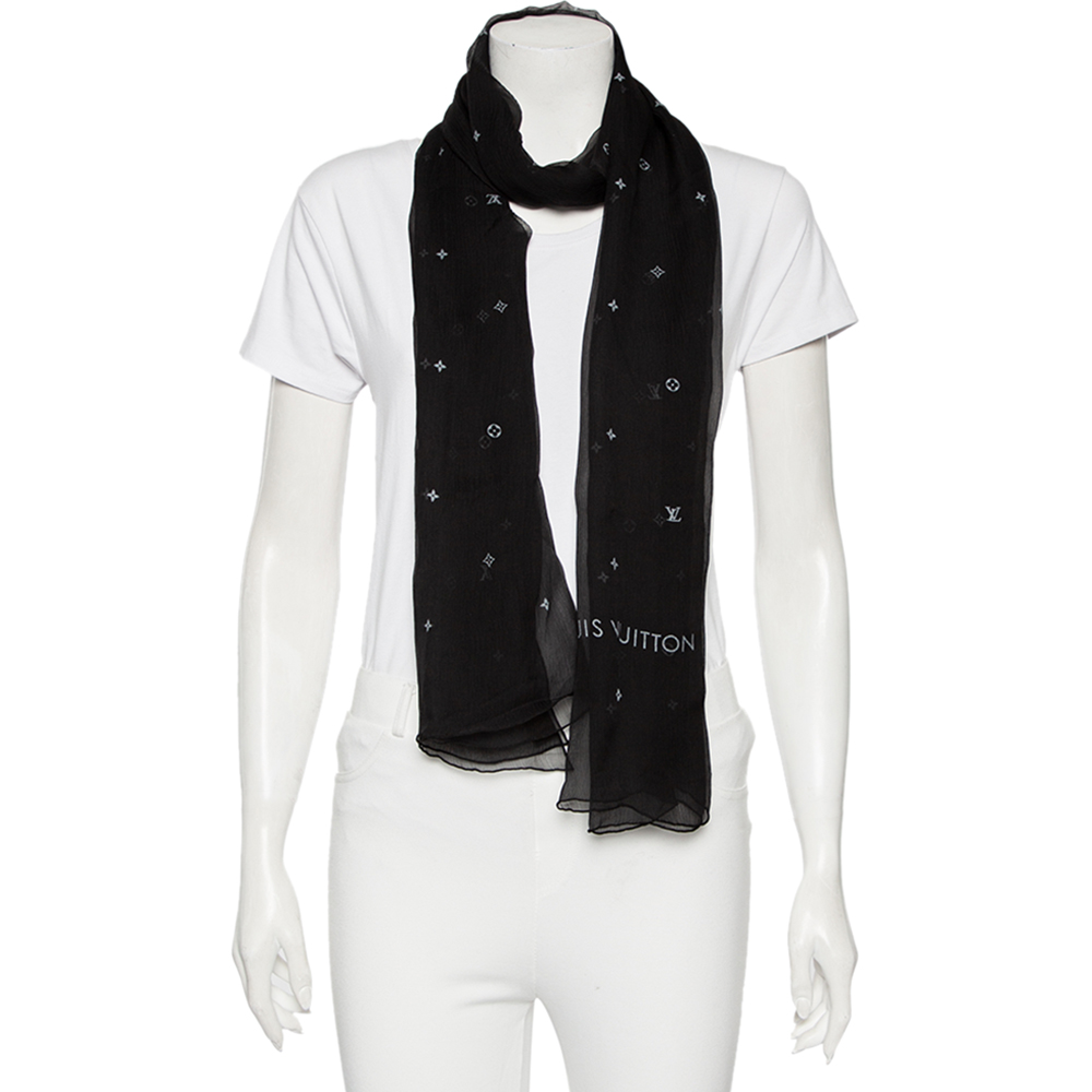 

Louis Vuitton Black Logo Monogram Printed Silk Chiffon Scarf