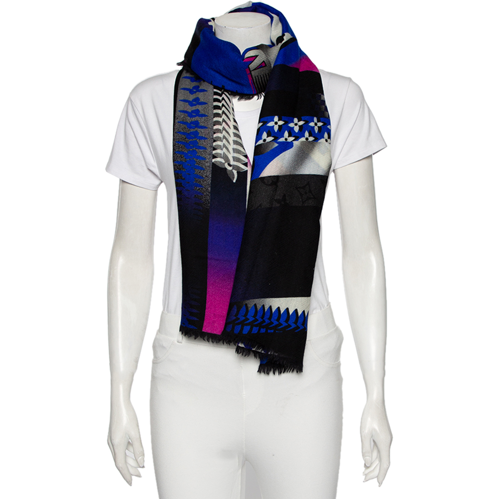 

Louis Vuitton Blue Wool Speedy Race logo Monogram Wool Scarf