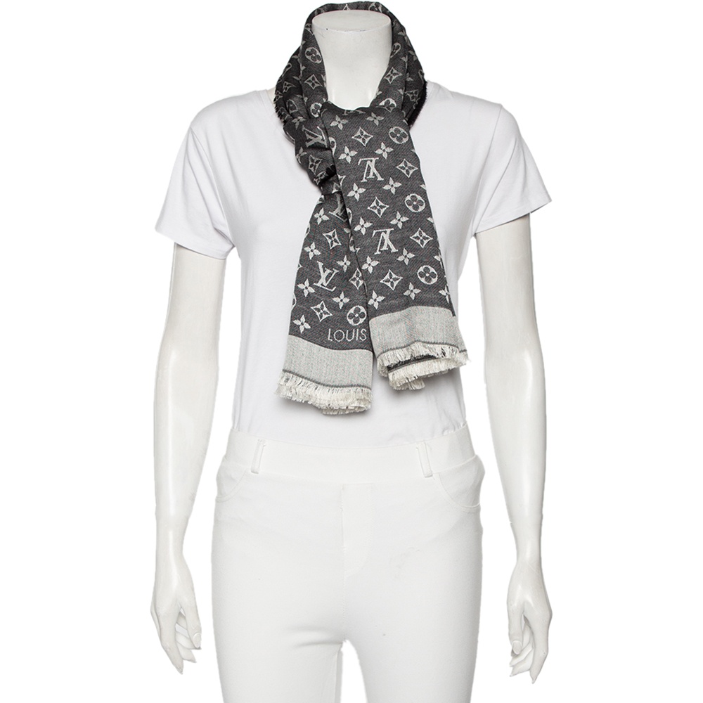 

Louis Vuitton Grey Logo Monogram Silk & Wool Scarf