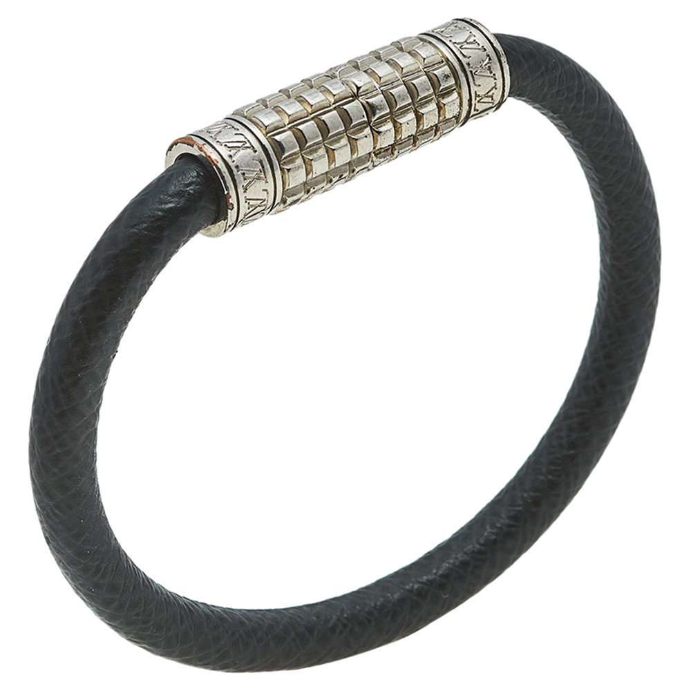 

Louis Vuitton Digit Silver Tone Metal and Leather Bracelet, Black