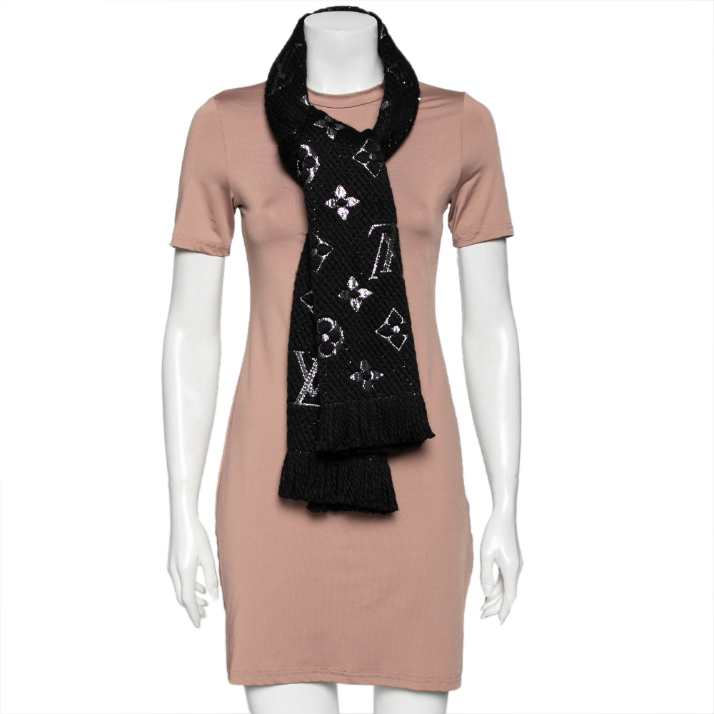 

Louis Vuitton Black Logomania Lurex Wool & Silk Fringed Scarf