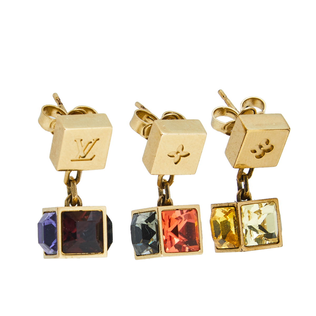 

Louis Vuitton Gamble Multi Color Crystal Gold Tone Metal Set of 3 Drop Earrings