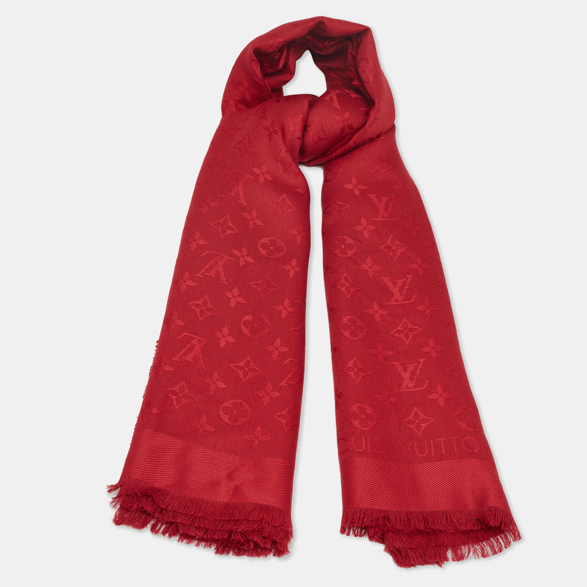 

Louis Vuitton Red Monogramed Silk & Wool Fringed Scarf