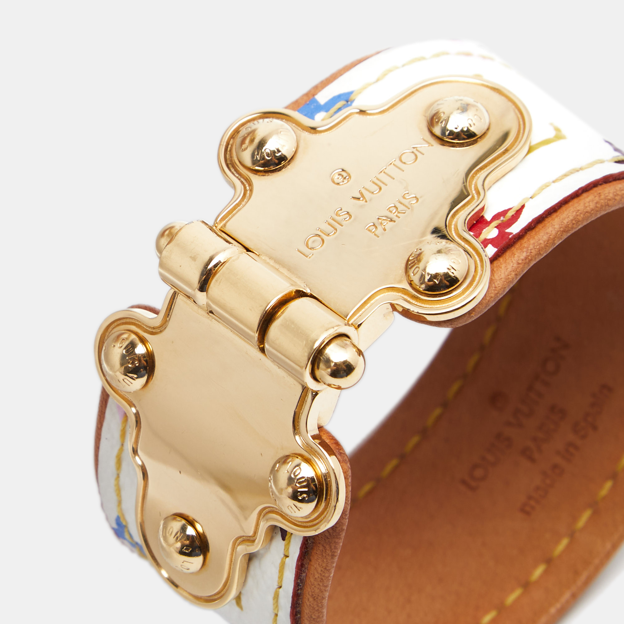 

Louis Vuitton White Canvas Multicolor Monogram Gold Tone Metal Bracelet