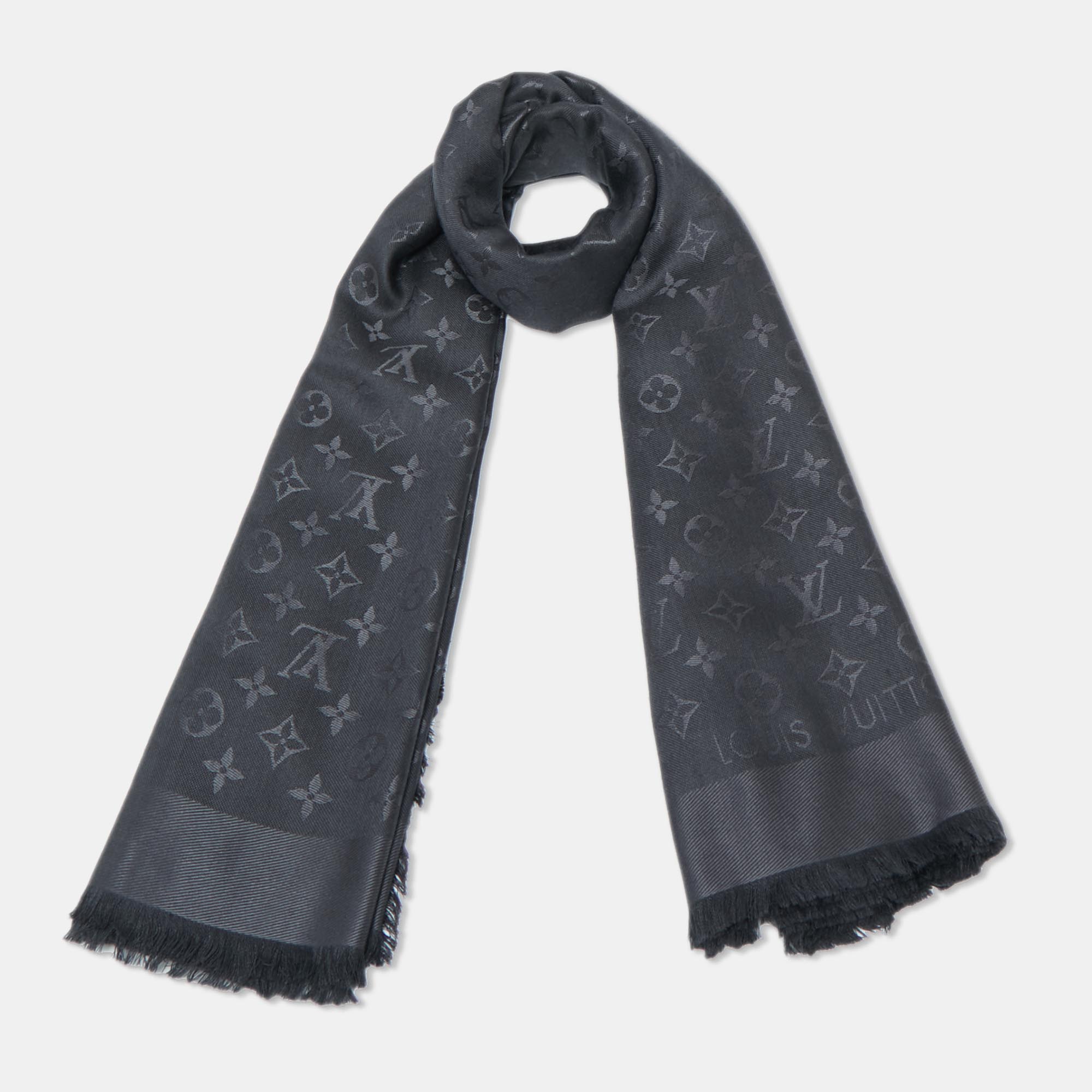 

Louis Vuitton Anthracite Grey Monogram Silk Wool Shawl