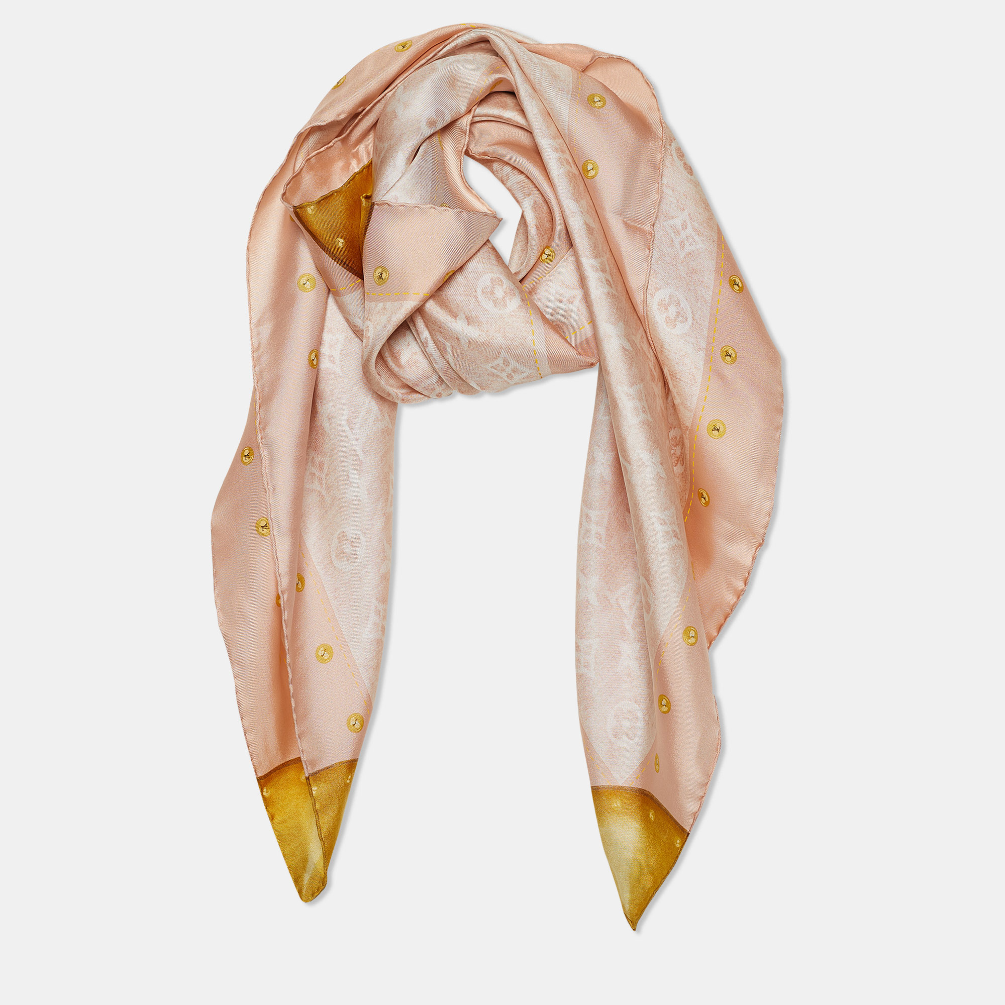 

Louis Vuitton Pale Pink & Gold Monogram Print Silk Scarf