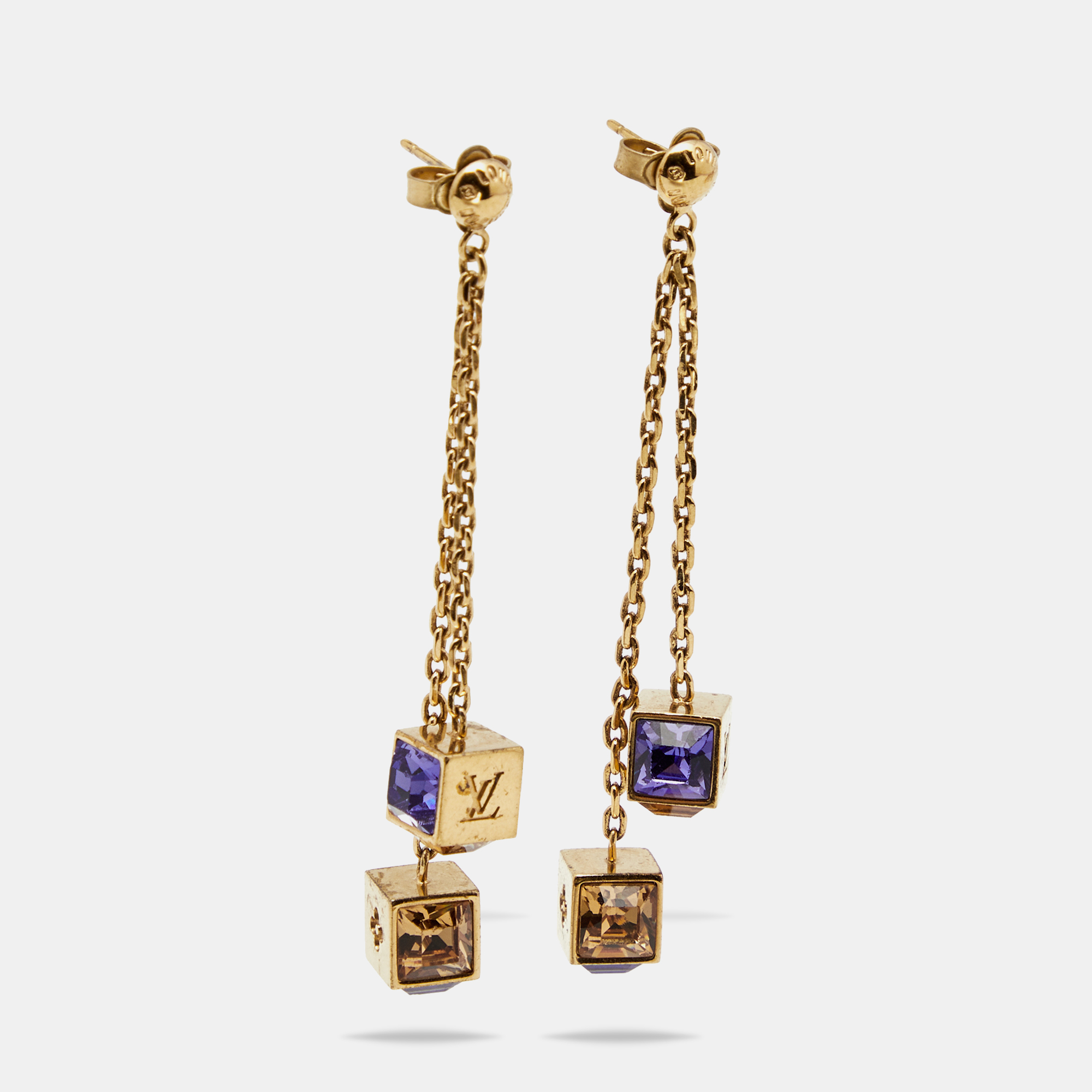 

Louis Vuitton Gamble Crystals Gold Tone Metal Dangle Earrings