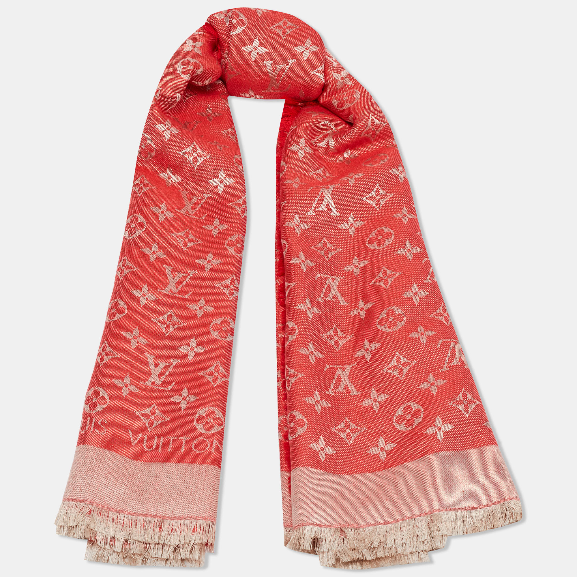 

Louis Vuitton Red Monogram Silk & Wool Square Scarf