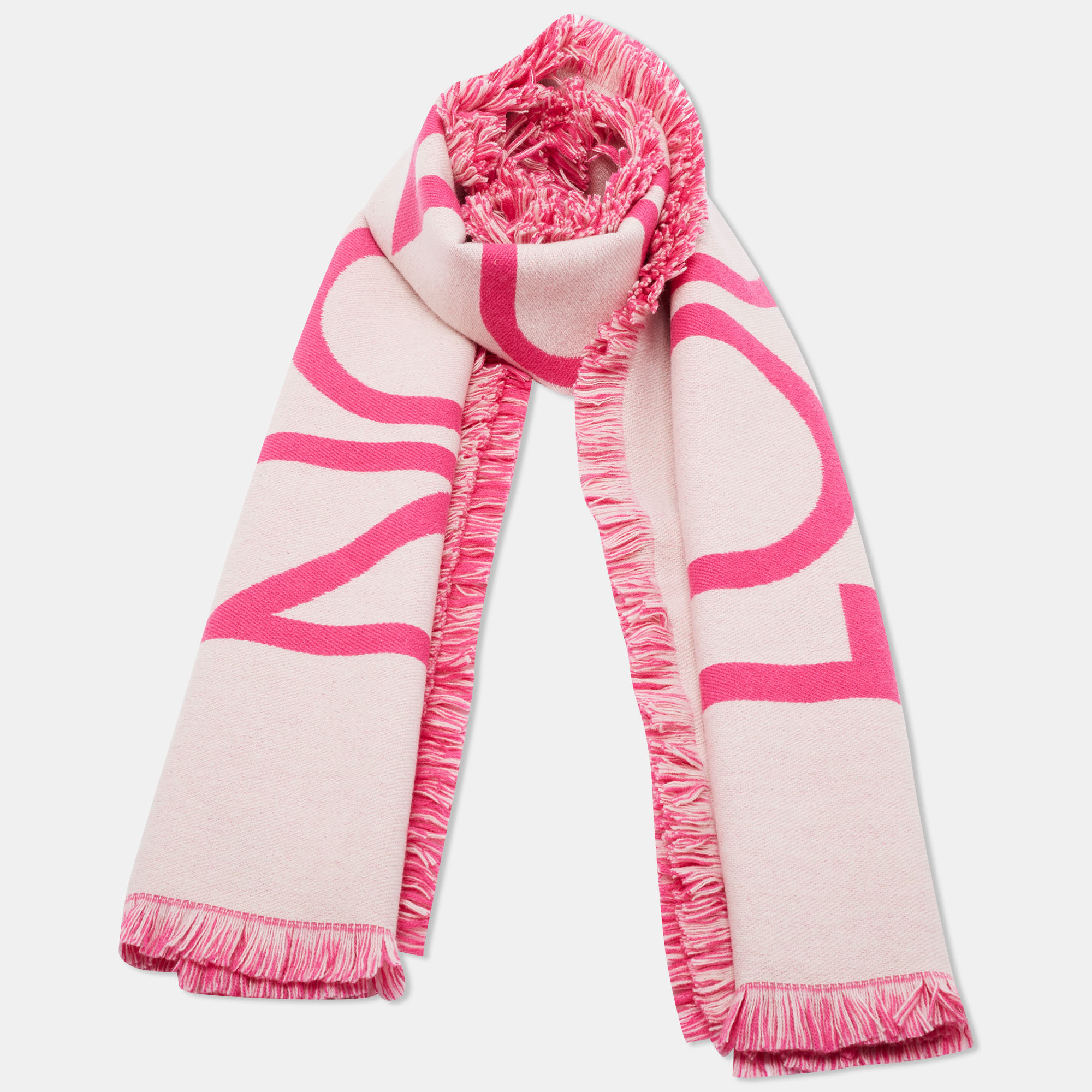 

Louis Vuitton Two Toned Pink Intarsia Logo Wool & Cashmere Fringed Muffler