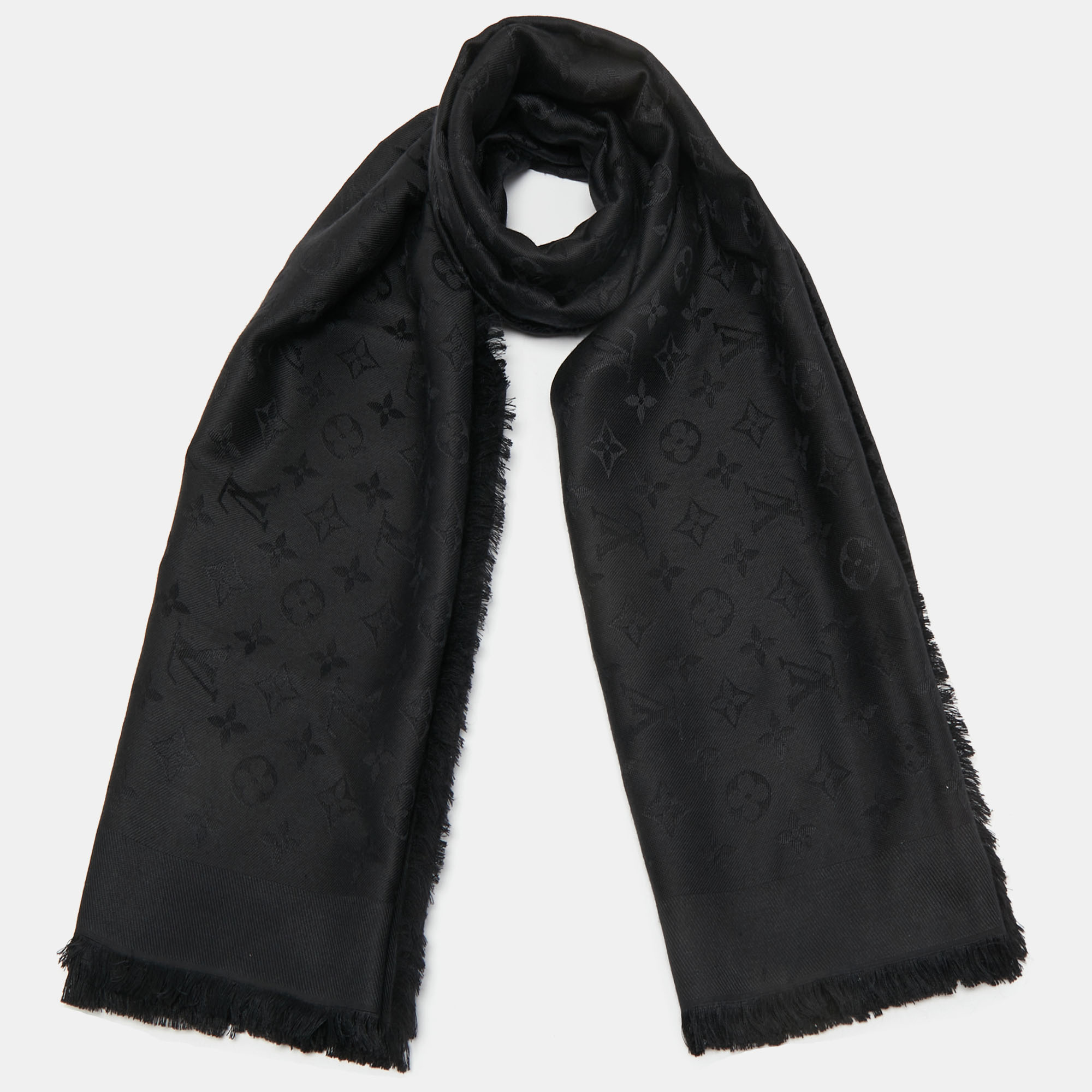 Louis Vuitton scarf black silk wool monogram 140×140cm Used Japan Fedex