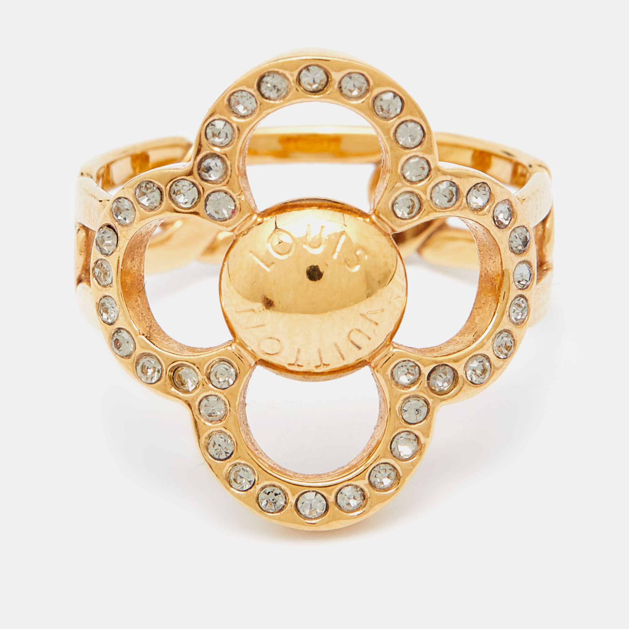 

Louis Vuitton Gold Tone Crystal Monogram Flower Ring Size