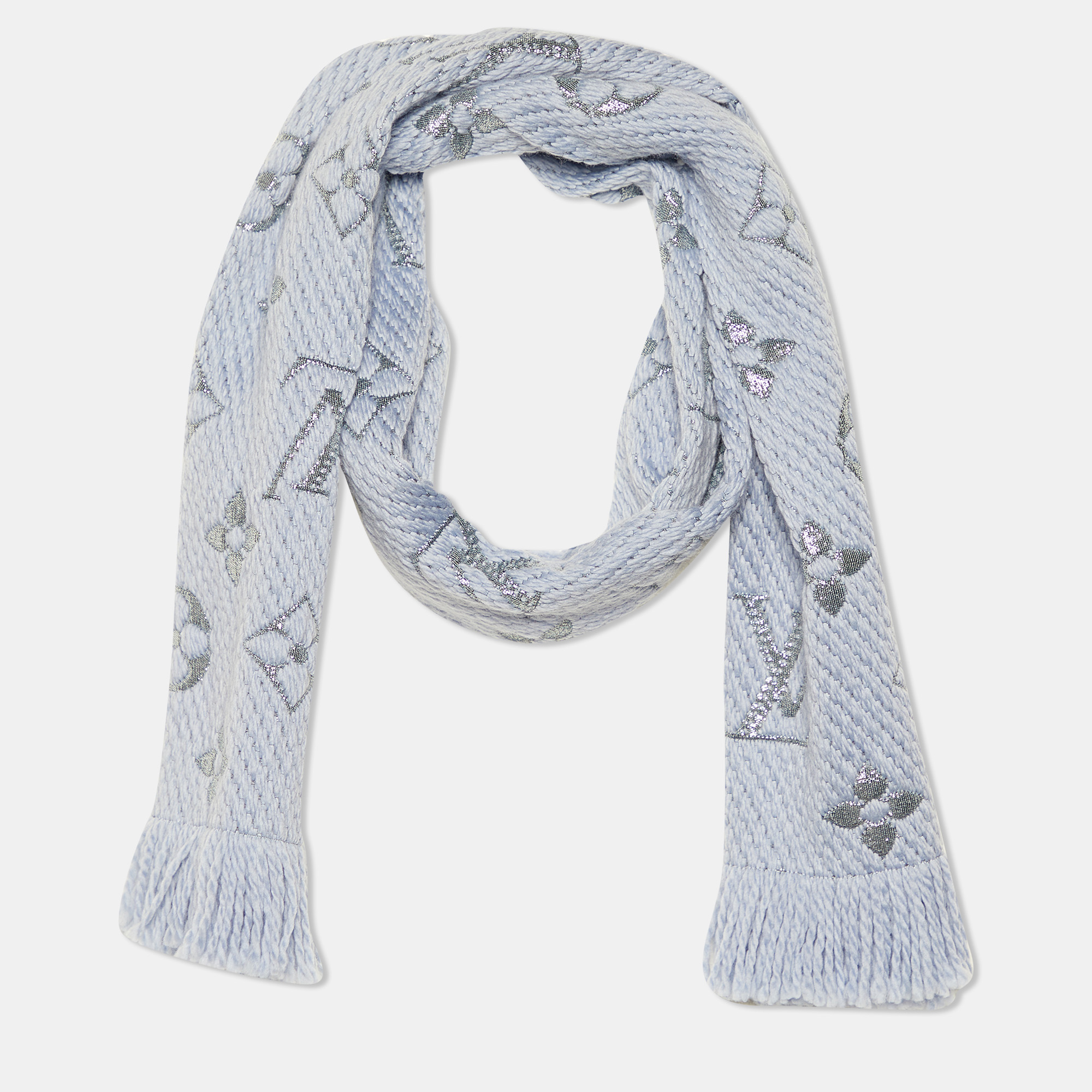 

Louis Vuitton Blue Wool Silk Logomania Shine Scarf