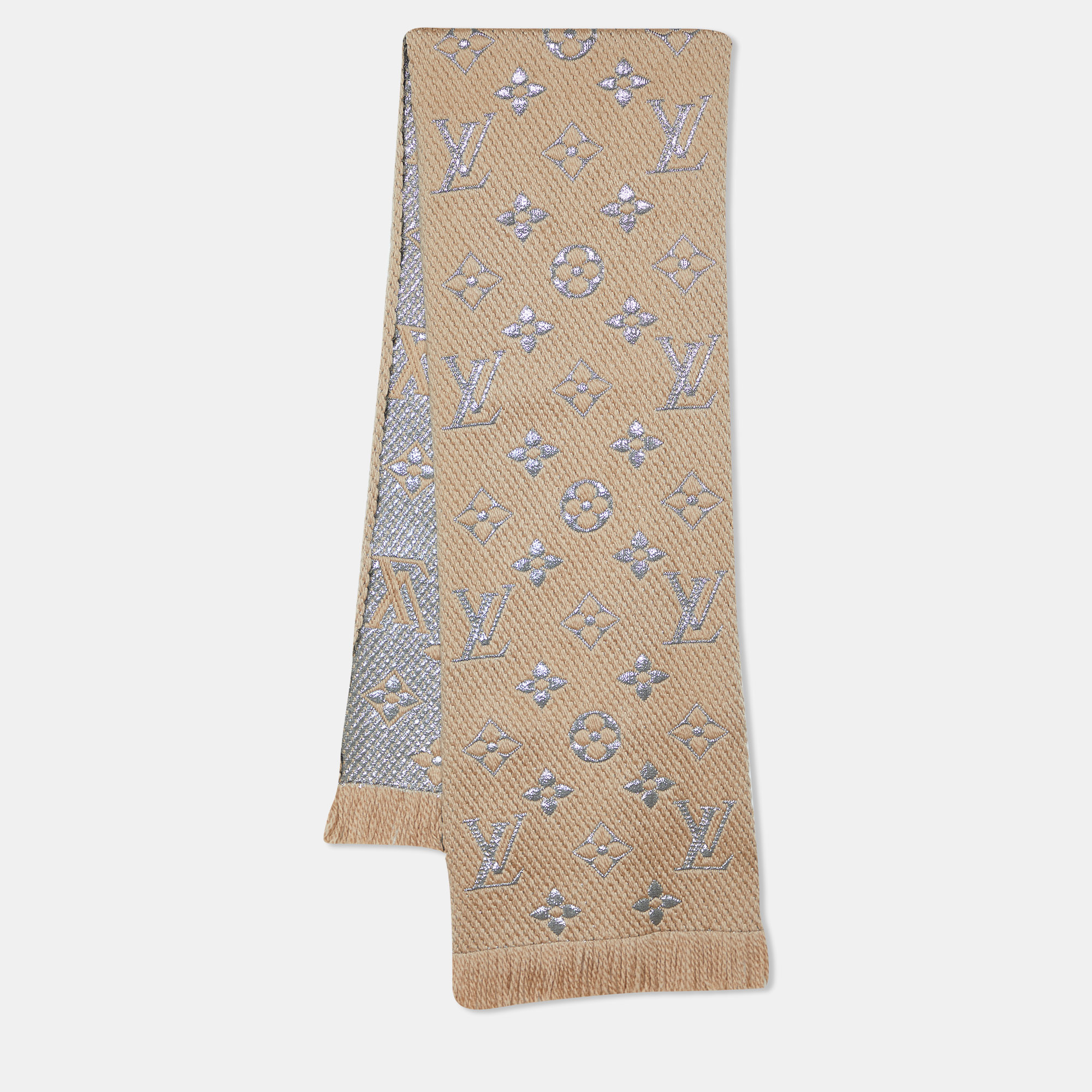 Louis Vuitton Beige Logomania Shine Fringed Scarf