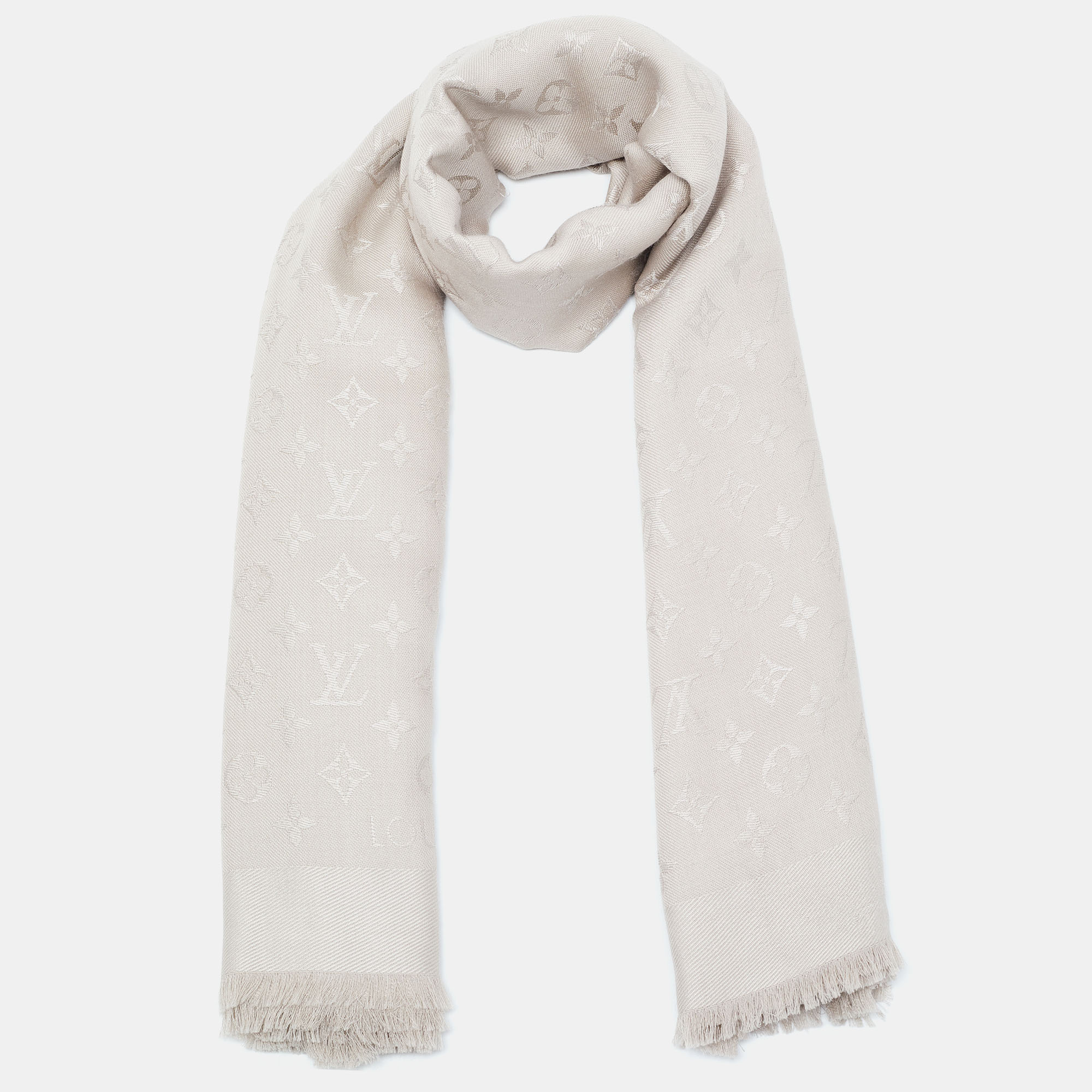 

Louis Vuitton Greige Monogram Silk Wool Shawl, Grey