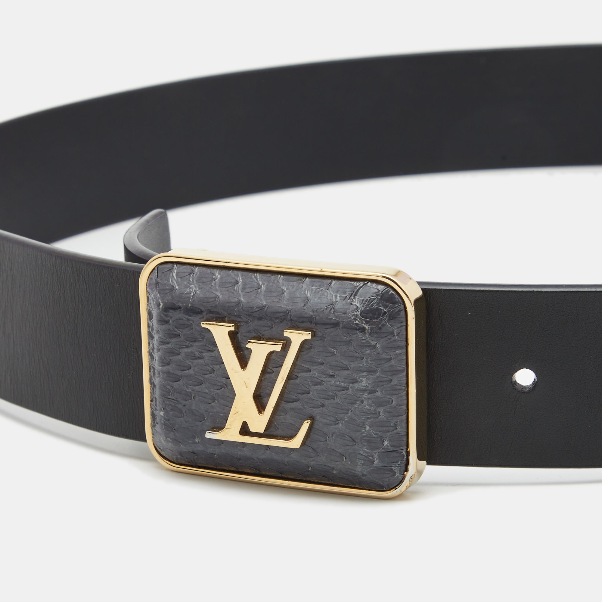 

Louis Vuitton Navy Blue Leather and Snakeskin Logo Buckle Belt