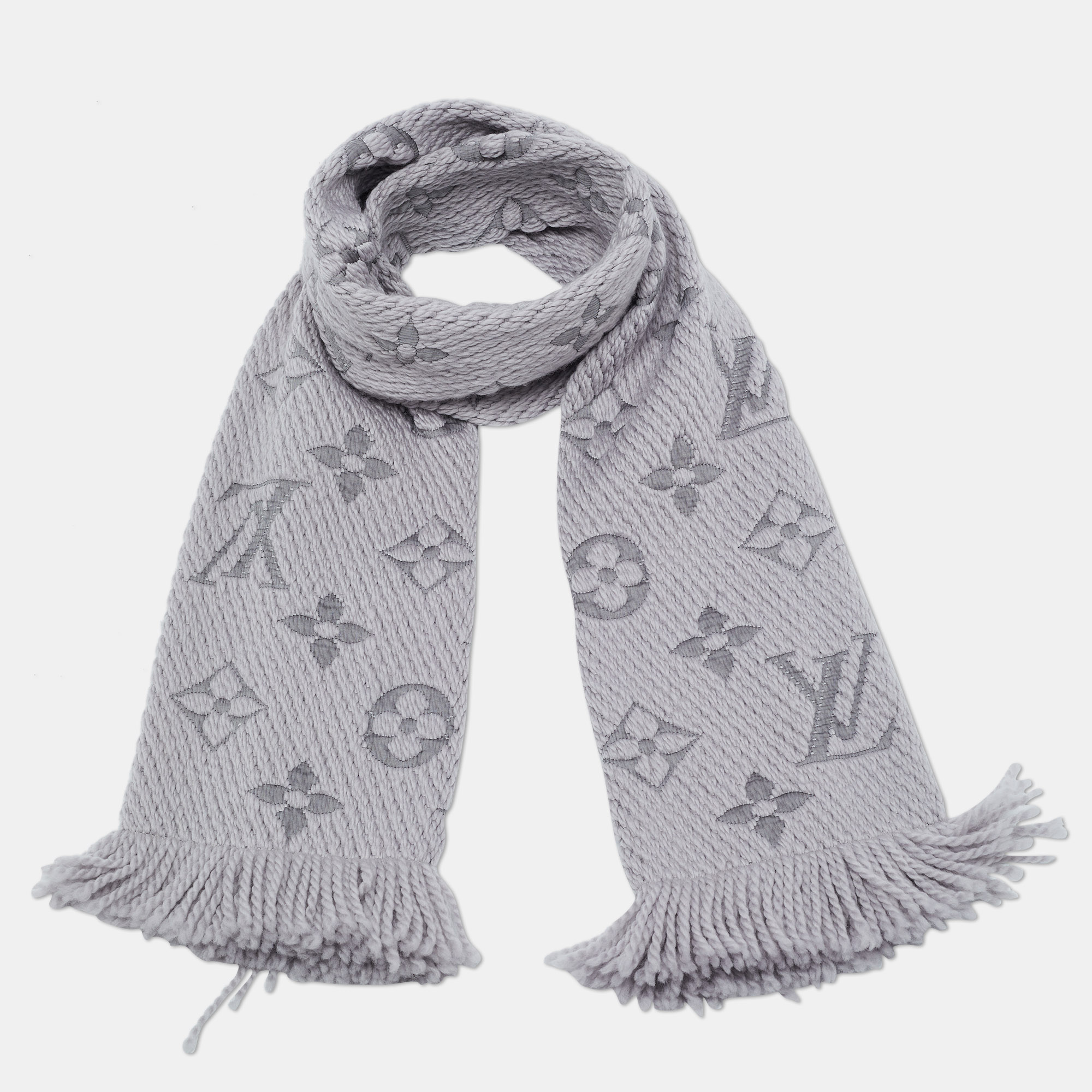 

Louis Vuitton Pearl Grey Wool Silk Logomania Scarf
