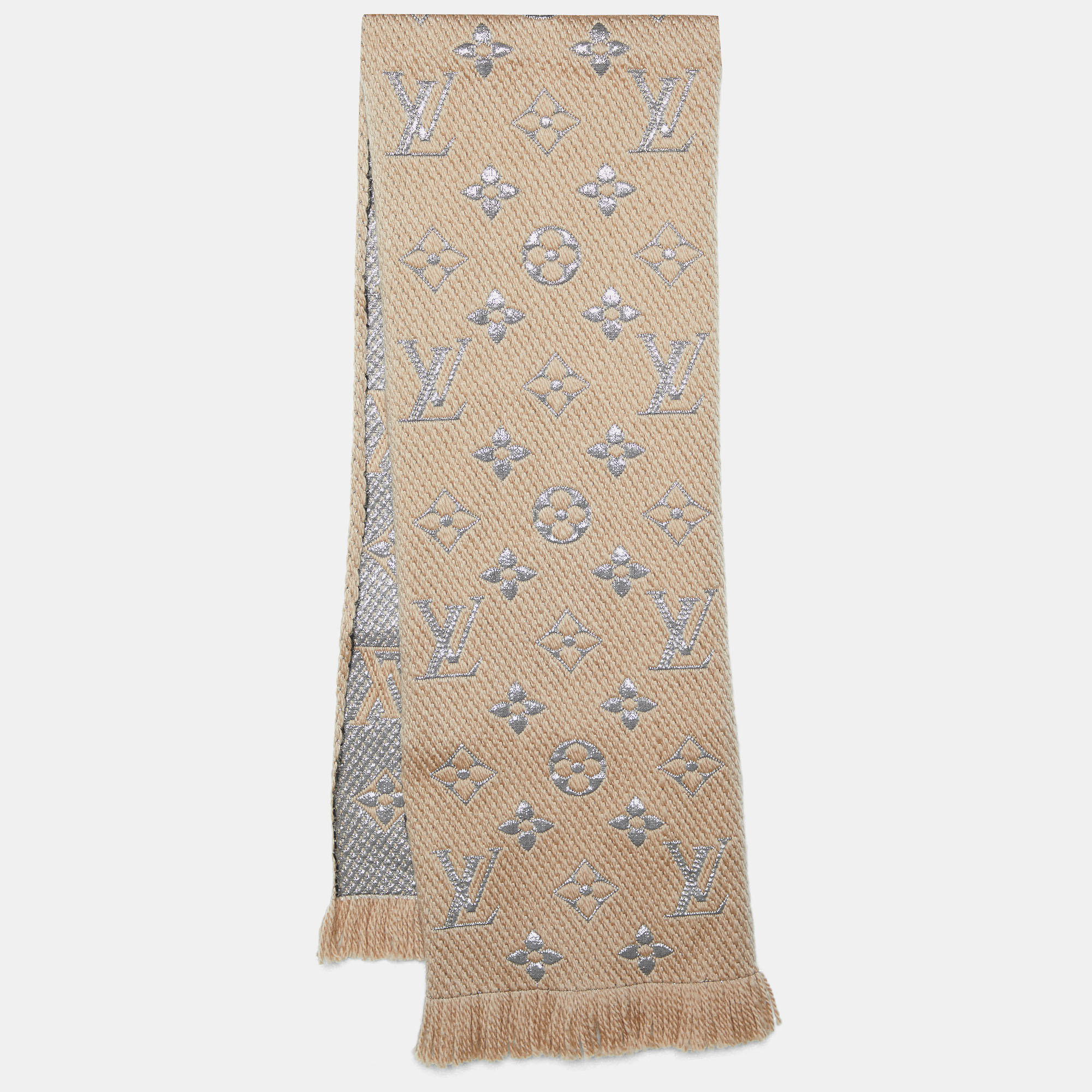 

Louis Vuitton Beige Wool & Silk Fringed Logomania Scarf