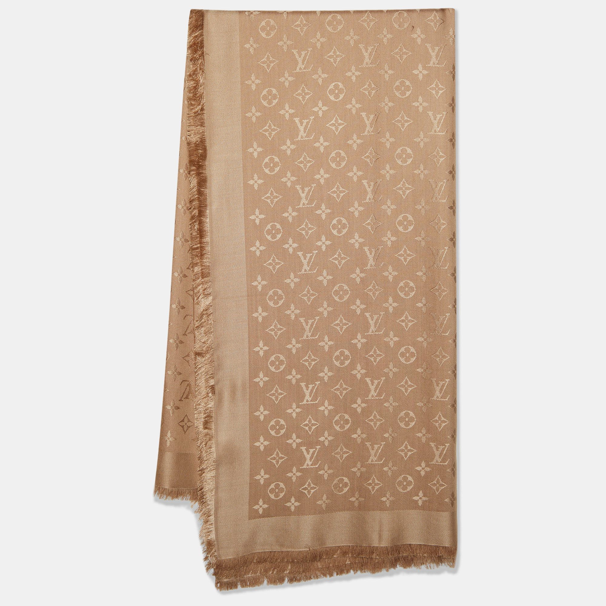 Louis Vuitton Cappuccino Logo Monogram Wool and Silk Shawl