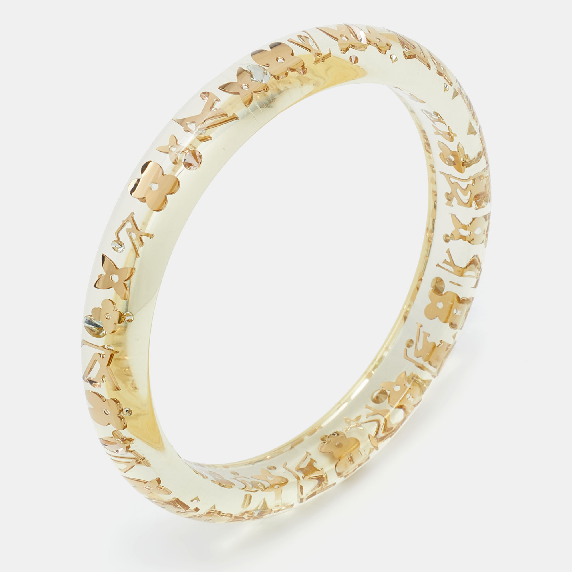 

Louis Vuitton Clear Resin Gold Tone Monogram Inclusion Bangle Bracelet, Transparent