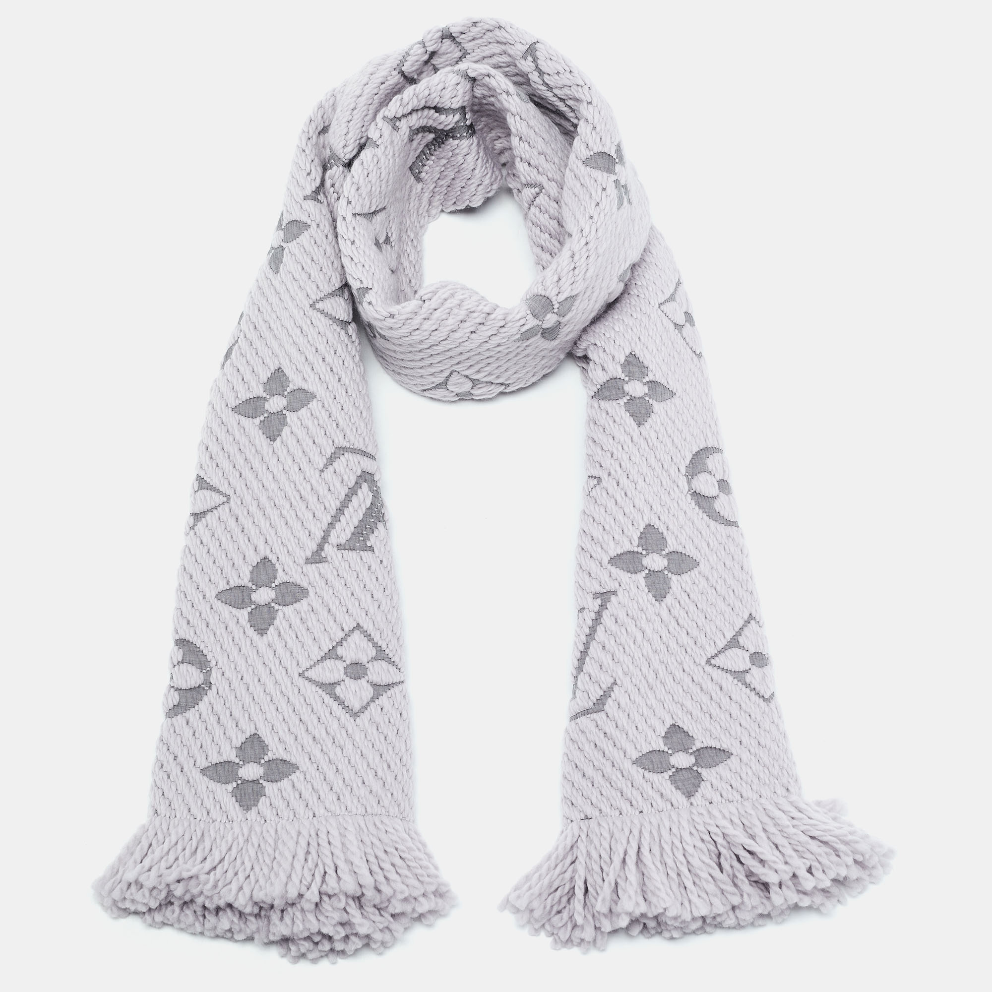 

Louis Vuitton Pearl Grey Logomania Wool & Silk Scarf